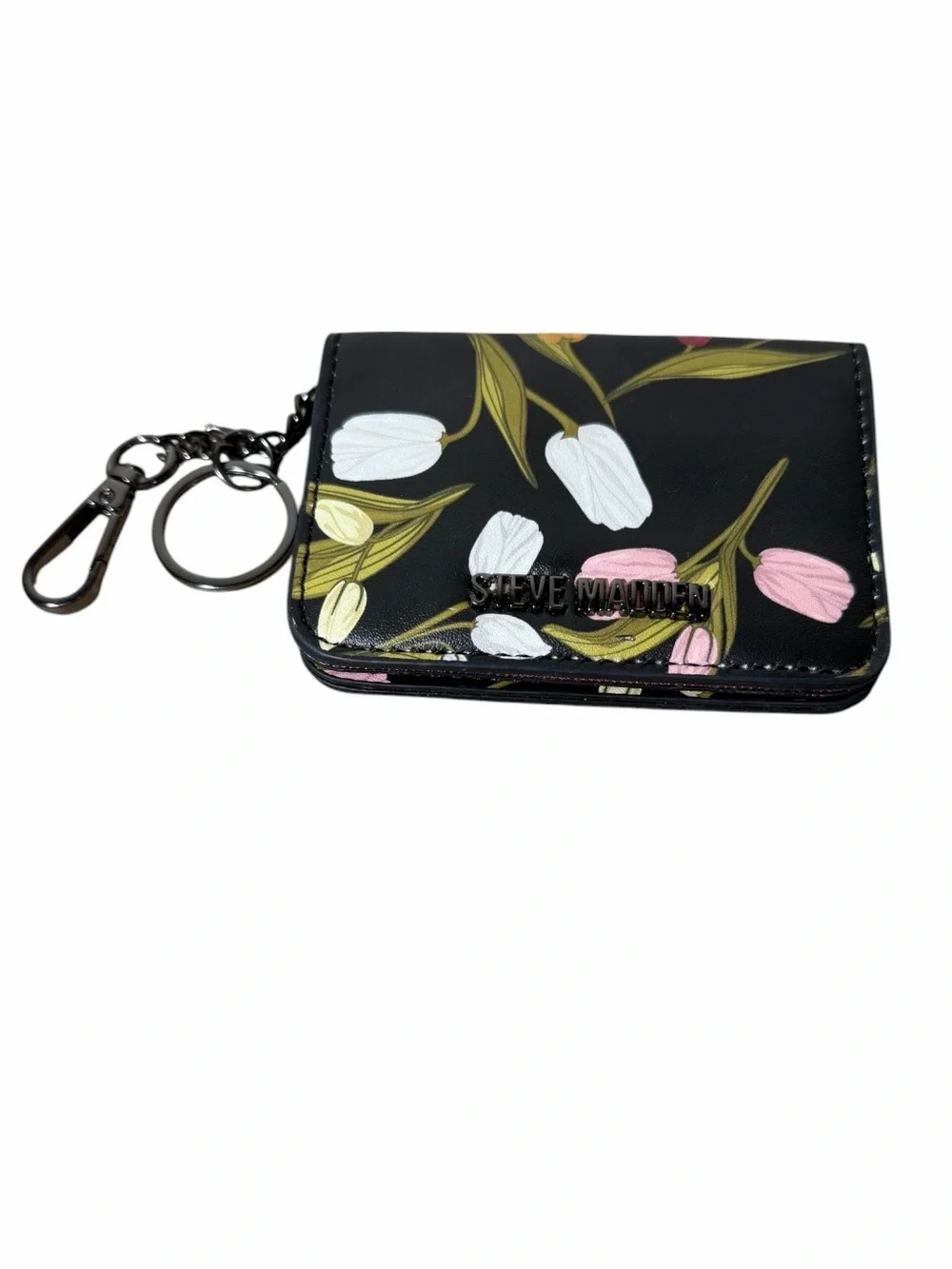 Steve Madden Black Floral Key & Card Holder with Pink and White Tulips